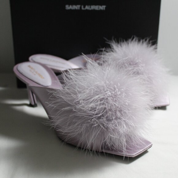 NWB Saint Laurent Paris Feather Pom Pom Kitten Heels Mules SlipOns Poly Grey 39 - Picture 1 of 9
